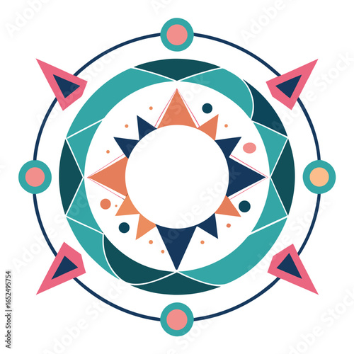 Geometric circular mandala design with starburst and triangular elements in teal and coral