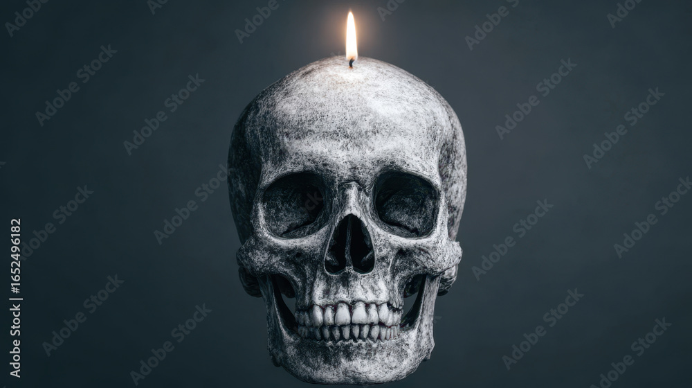Fototapeta premium Scary human skull with burning candle flame on dark background. This spooky and minimalist halloween decoration creates an ominous mood