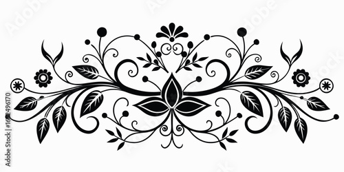 Ornate black floral flourish with leaves and swirls on a white background ornament