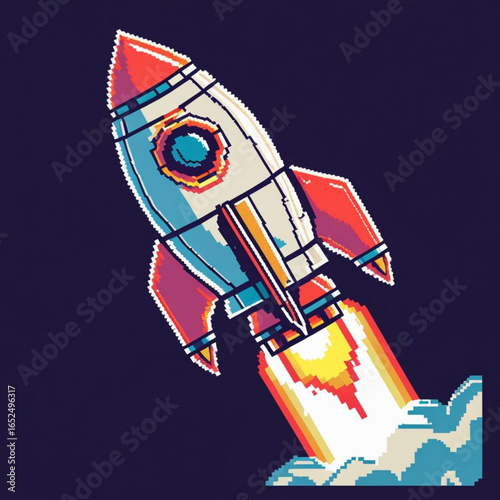 Retro Pixel Art Rocket Launch, 8-bit Spaceship Video Game Illustration