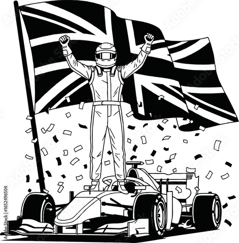 Monochrome illustration of a victorious race car driver celebrating on top of a Formula 1 car with a British flag and confetti.