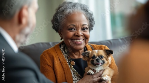 Smiling elderly aged retired old black woman pensionary with a small dog in her arms sitting opposite a man vet on blurred indoors background. Couple, family, together