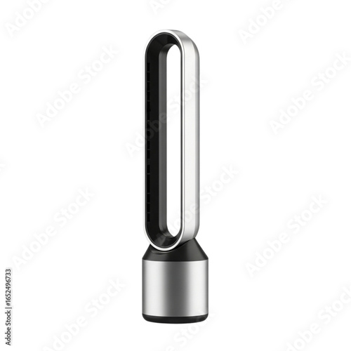 Modern silver bladeless tower fan with sleek design isolated on transparent background