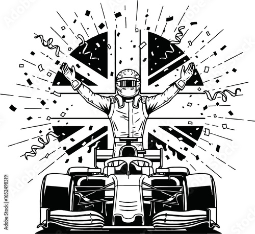 A Formula One racing driver celebrates a victory, arms raised, in front of a Union Jack flag.