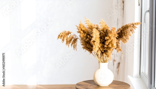 Dried pampas grass in a vase on a wooden table by a window