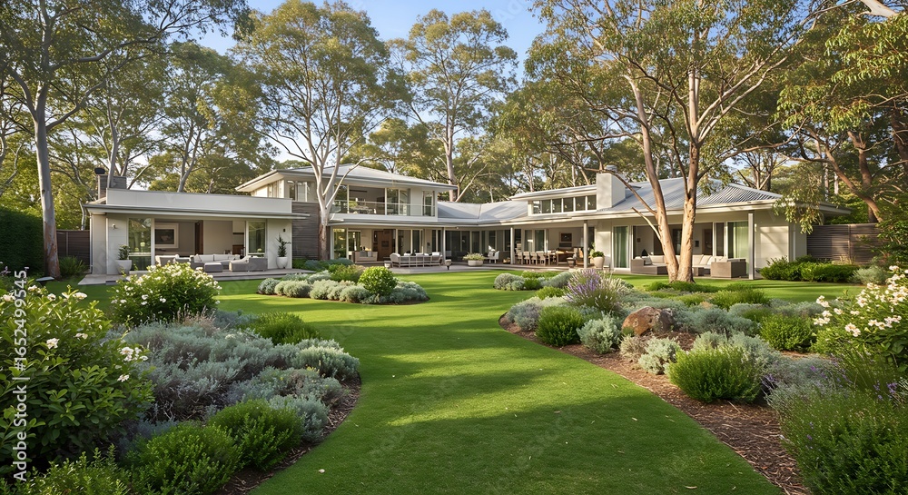 Fototapeta premium Expansive modern residence surrounded by lush gardens in Australia Modern Luxury Real Estate