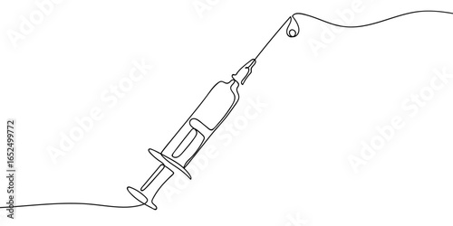 Continuous line of vaccine syringe. Vector art line on transparent background. Editable stroke.