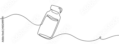 Continuous line of vaccine bottle. Vector line art on transparent background. Editable stroke.