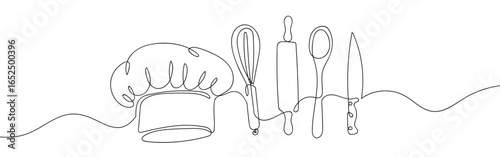 Continuous line of chef hat and cooking equipment. Vector art line on transparent background. Editable stroke.