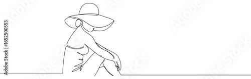 Continuous line of woman sitting on the beach. Vector line art on transparent background. Editable stroke.