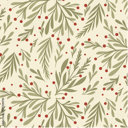 Seamless Christmas Foliage Pattern with Red Berries and Winter Evergreen Branches on Cream Background