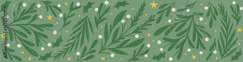 Seamless Christmas Border Pattern with Pine Branches, Holly, Mistletoe Berries, and Golden Stars for Festive Wrapping and Winter Textiles