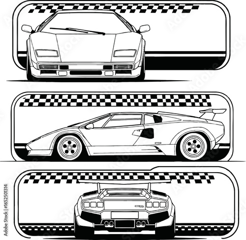 Black and white line art illustration of a classic sports car from front, side, and rear views with checkered flag borders.