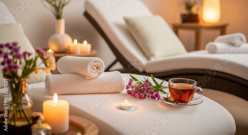 Spa and Relaxation: Massage Table with Candles, Towels, and Herbal Tea in a Tranquil Atmosphere.