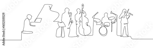 Continuous line of classical music band, jazz band, orchestra. Vector art line on transparent background. Editable stroke.