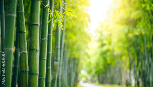 Lush green bamboo grove path, sunlight filtering through tall stalks.
