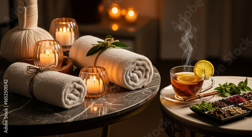 Spa and Relaxation: Massage Table with Candles, Towels, and Herbal Tea in a Tranquil Atmosphere.