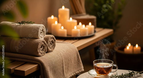 Spa and Relaxation: Massage Table with Candles, Towels, and Herbal Tea in a Tranquil Atmosphere.