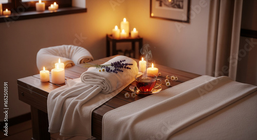 Spa and Relaxation: Massage Table with Candles, Towels, and Herbal Tea in a Tranquil Atmosphere.