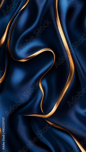 Flowing Dark Blue Silk Fabric with Elegant Gold Ribbons and Shadows navy blue textile