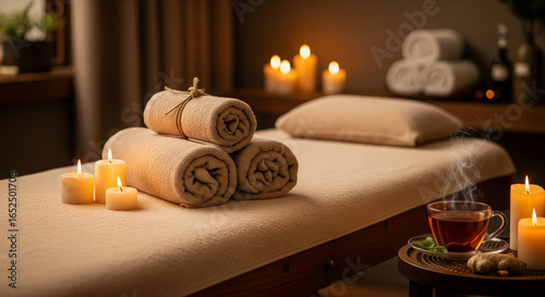 Spa and Relaxation: Massage Table with Candles, Towels, and Herbal Tea in a Tranquil Atmosphere.