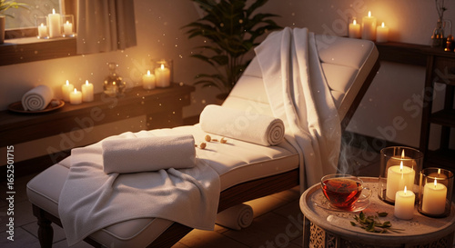Spa and Relaxation: Massage Table with Candles, Towels, and Herbal Tea in a Tranquil Atmosphere.