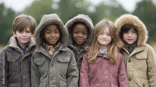 Group of children enjoying a cool fall day, dressed in cozy jackets and smiling together outdoors in a park setting