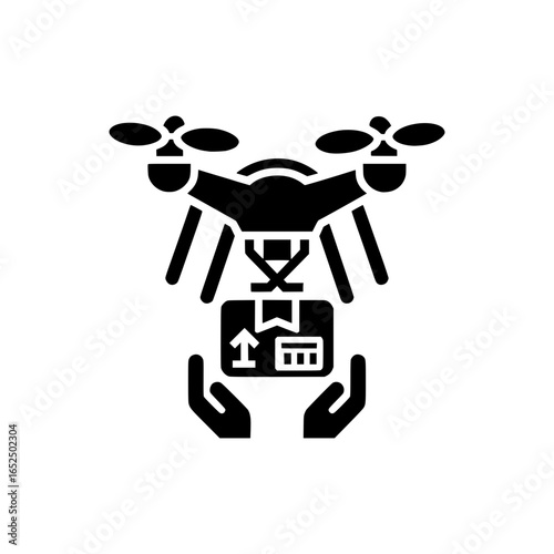 Drone delivering package black vector icon with transparent background 