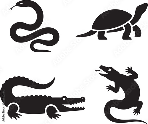 Black silhouettes of a snake a turtle an alligator and a lizard