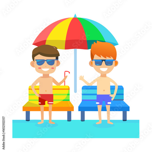 On a sunny day, two cheerful boys are standing by the poolside near loungers and a colorful umbrella