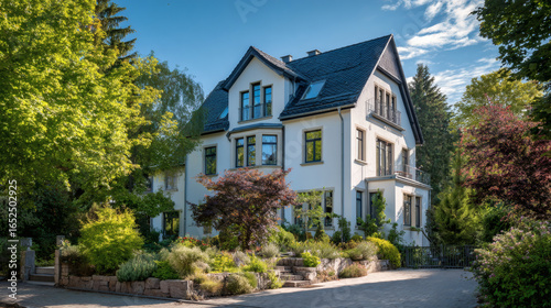 Luxury Single-Family Home in Franconian Architectural Style Surrounded by Trees and Blue Sky – Real Estate Photo from Elevated Angle