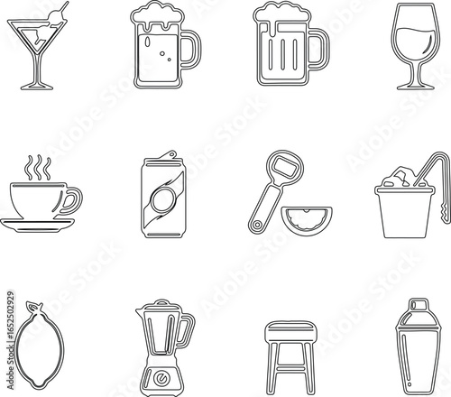 “Minimalist Beverage and Bar Icon Set – Martini, Coffee, Soda, Blender, Lemon, Shaker”