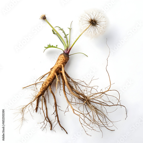 Dried dandelion root pieces on a white background, showcasing their coarse texture, earthy tones,