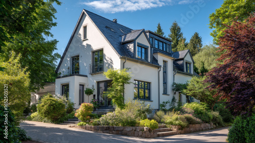Luxury Single-Family Home in Franconian Architectural Style Surrounded by Trees and Blue Sky – Real Estate Photo from Elevated Angle