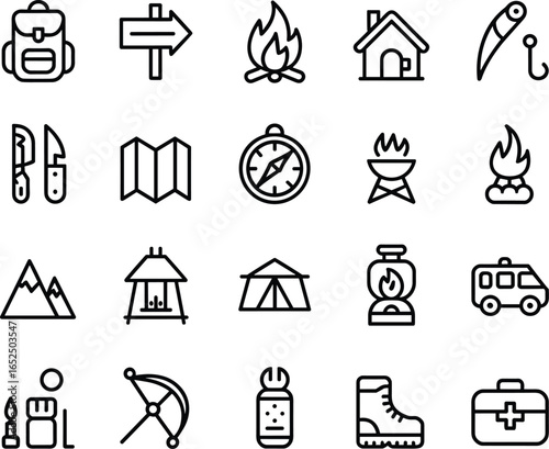 Camping, hiking, outdoor adventure, survival gear, travel equipment, backpacking essentials, nature exploration, wilderness icons, navigation tools, mountain trekking, flat vector illustration