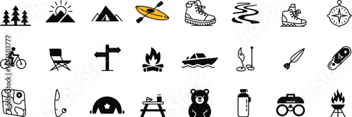 Camping, hiking, outdoor adventure icons collection with mountains, forest, kayaking, fishing, campfire, compass, tent, backpack