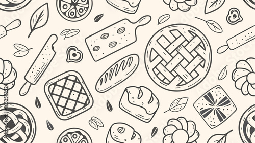 Seamless pattern with bakery products and leaves hand drawn in doodle style on a light background surface