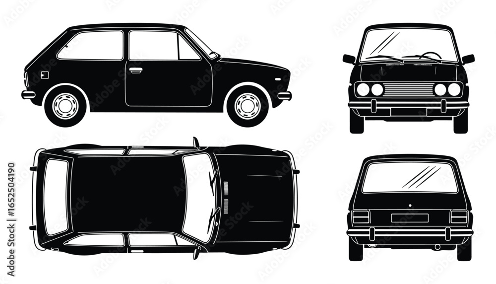 Obraz premium Compact Automotive Vector Illustration: Black Hatchback Auto in Multiple Views, Car Design