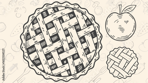 Illustration of a large apple pie with lattice crust and a whole apple on a background with food doodles