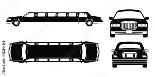 Detailed Views of a Classic Black Limousine: Side, Front, Rear, and Top Angle Views