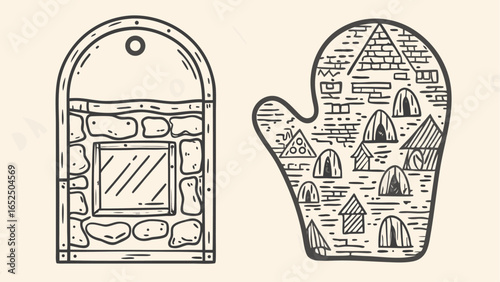 Illustration of a stone window frame and a mitten with various architectural structures drawn on it