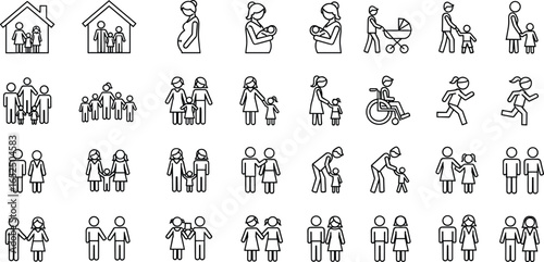 Family icons set, parents, children, pregnancy, baby care, couples, parenting, childcare, motherhood, fatherhood, relationships, family