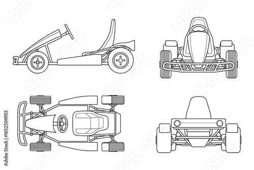 Detailed Technical Drawing of a Go-Kart Vehicle: Top, Front, Side, and Bottom Views