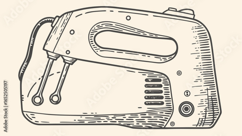 Illustration of a hand mixer with beaters attached and a power cord extending from the appliance body