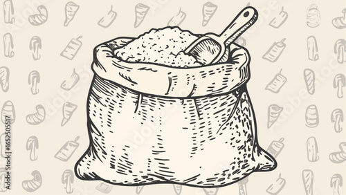 Illustration of a sack filled with grain and a scoop on a patterned background with food icons here and there