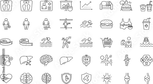 Healthcare and obesity prevention icons set with fitness, BMI, nutrition, liver health, exercise, and medical symbols