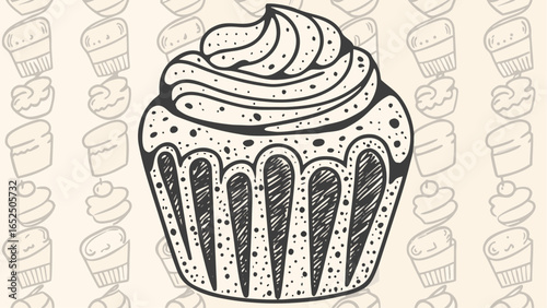 Hand drawn cupcake with frosting and sprinkles on a background of faded cupcake outlines design