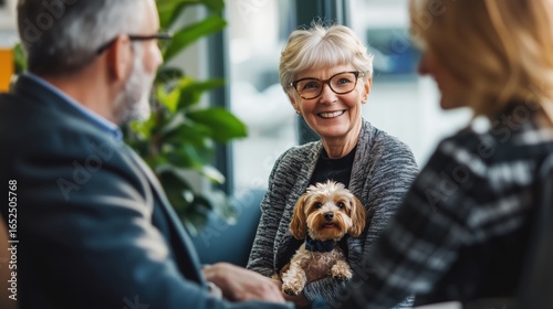 Smiling elderly aged retired old white woman with a small dog in her arms sitting opposite her husband and daughter on blurred indoors background. Couple, family, together