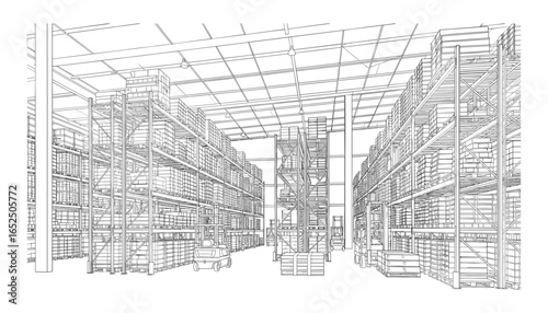 Detailed Wireframe Illustration: Large Warehouse Interior with Shelves and Forklifts