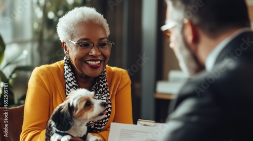 Smiling elderly aged retired old black woman pensionary with a small dog in her arms sitting opposite a man vet on blurred indoors background. Clinic, health